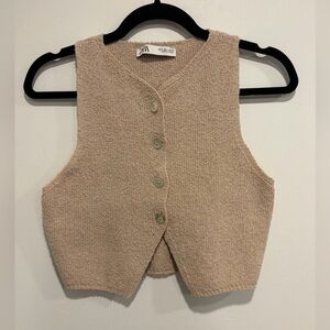 Zara Beige Knit Button Front Vest Sleeveless Minimalist Top S